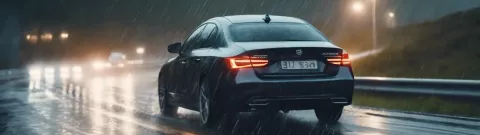 Realistic picture of a modern car driven on a very wet highway in Norway, commercial, high resolution