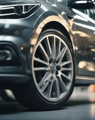 A realistic picture of a modern car with a focus on one of its tyres inside a tyre shop, high resolution, commercial