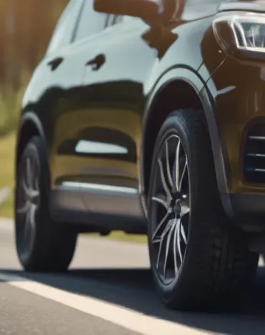 A realistic close shot of a modern SUV's tyre being driven on a road in Norway on a sunny summer day